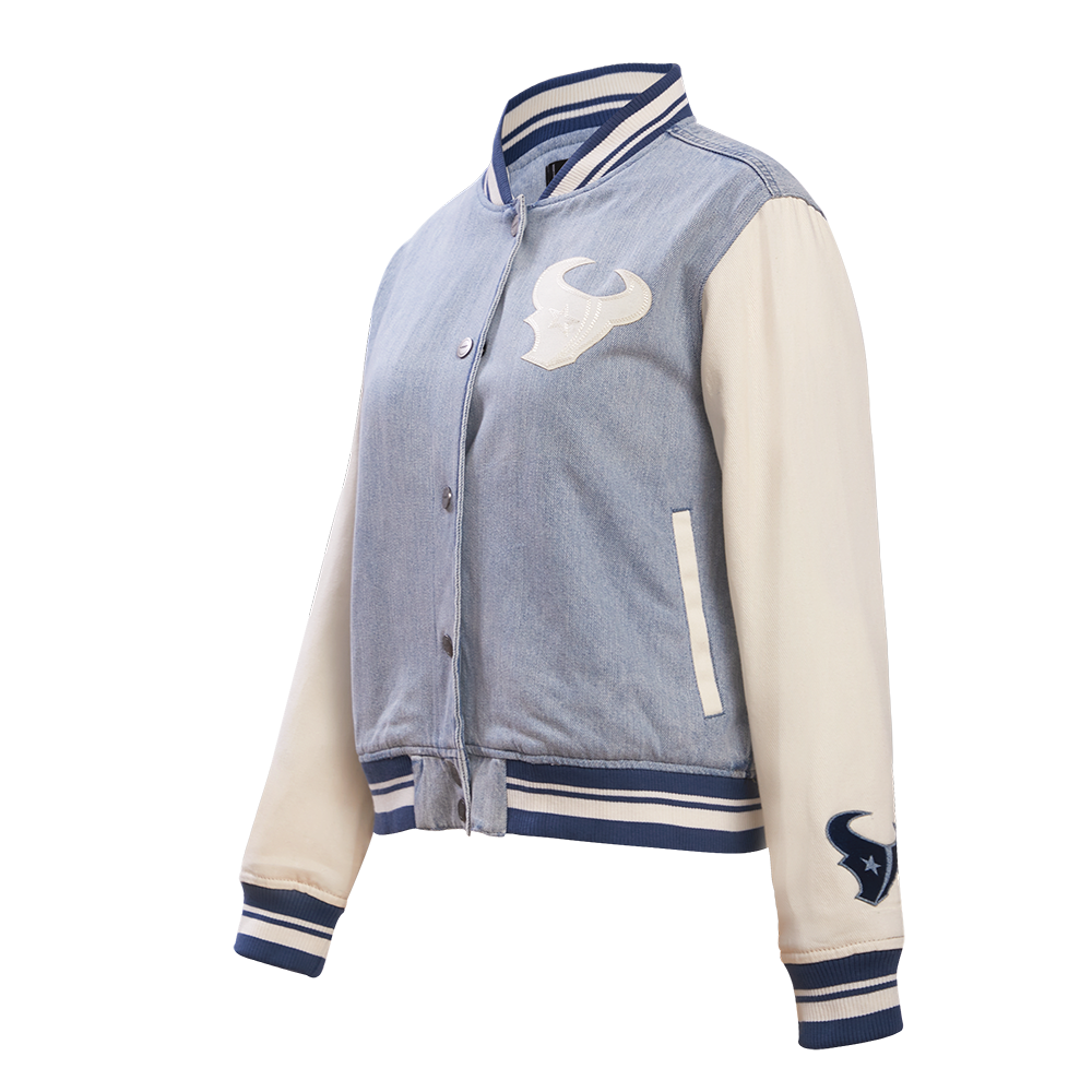 NFL HOUSTON TEXANS VARSITY BLUES WOMEN'S DENIM VARSITY JACKET (DENIM/LINEN)