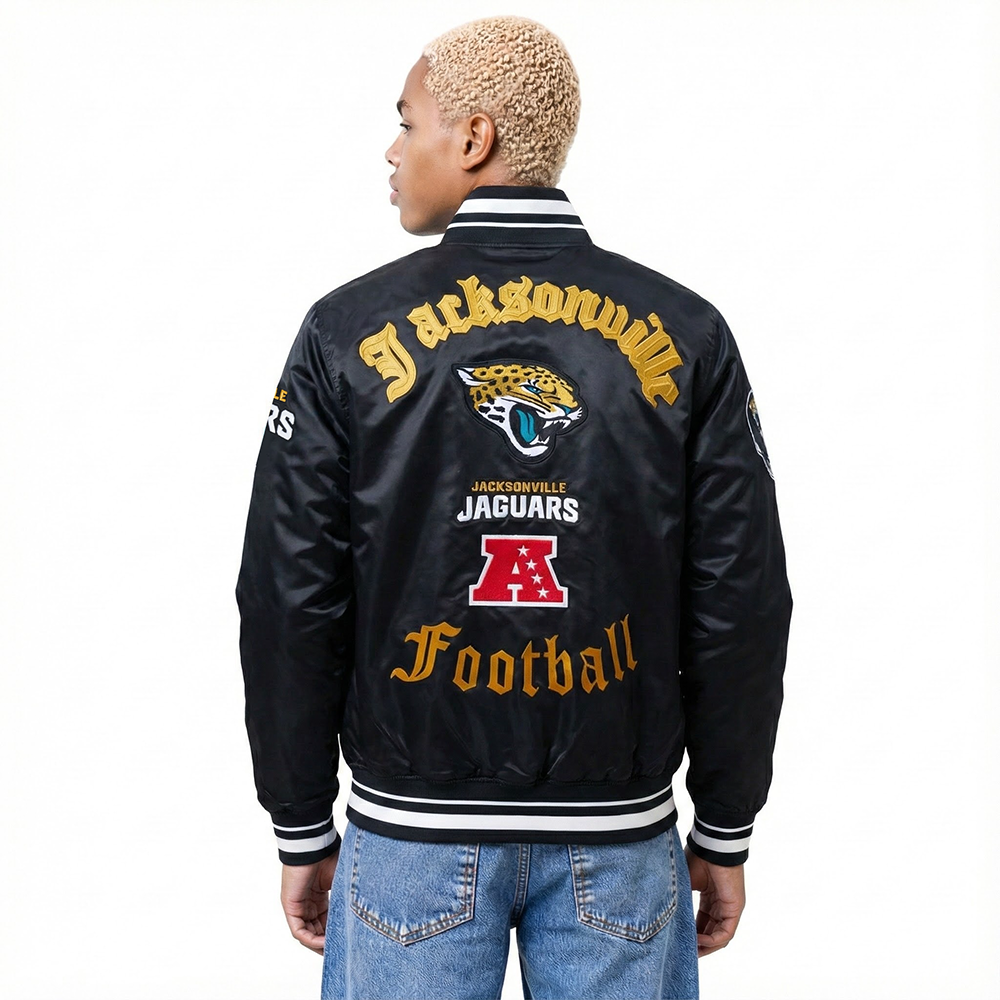 NFL JACKSONVILLE JAGUARS OLD ENGLISH MEN'S RIB SATIN JACKET (BLACK)