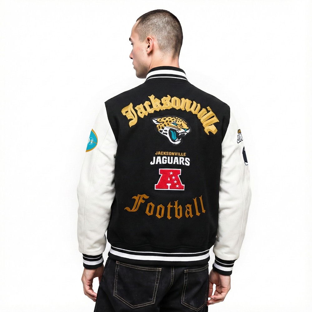 NFL JACKSONVILLE JAGUARS OLD ENGLISH MEN'S RIB WOOL VARSITY JACKET (BLACK/WHITE)