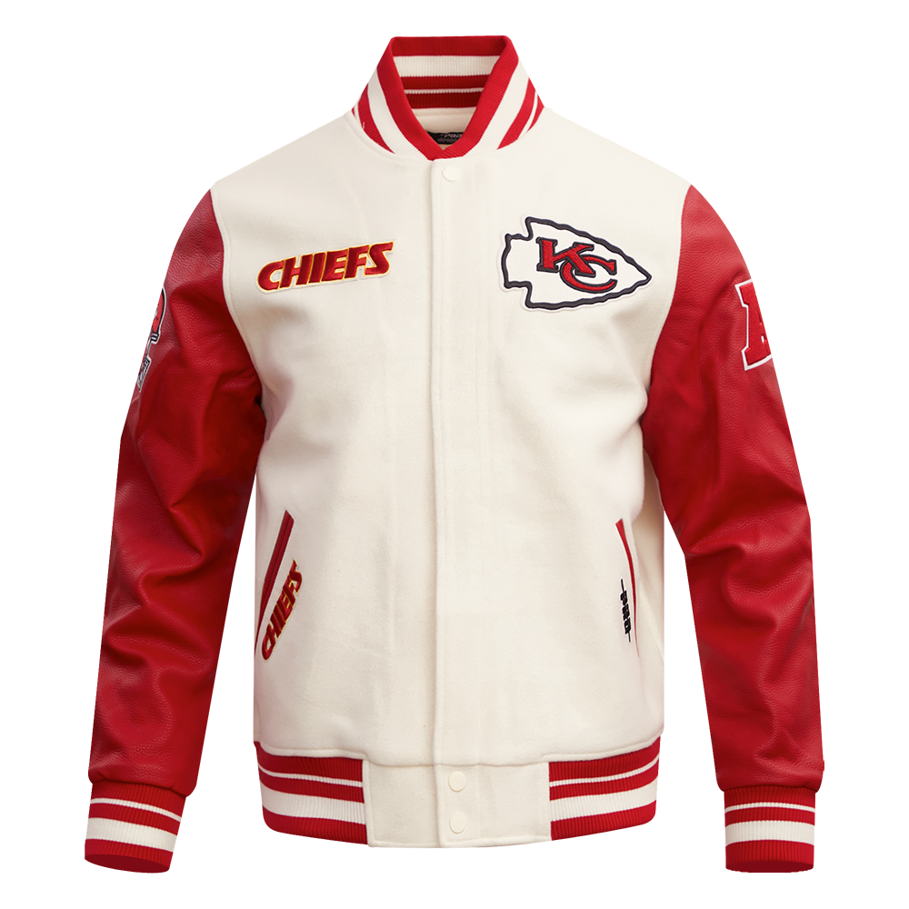NFL KANSAS CITY CHIEFS RETRO CLASSIC MEN'S RIB SATIN JACKET (EGGSHELL/ RED)