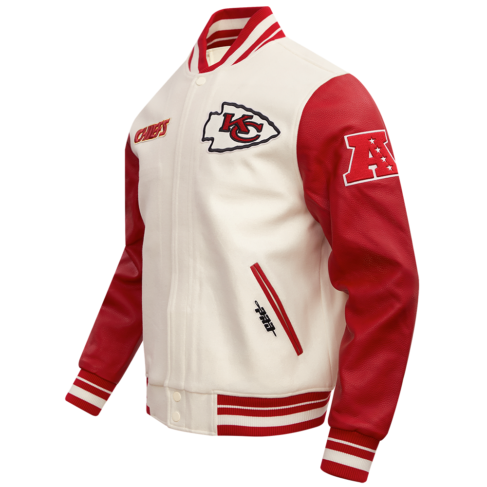 NFL KANSAS CITY CHIEFS RETRO CLASSIC MEN'S RIB SATIN JACKET (EGGSHELL/ RED)