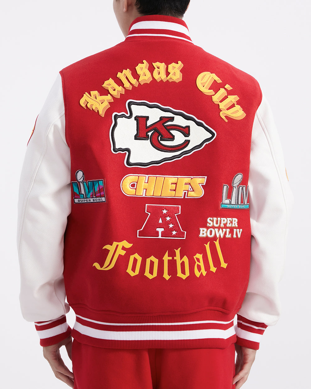 NFL KANSAS CITY CHIEFS OLD ENGLISH MEN'S RIB WOOL VARSITY JACKET (RED/WHITE)