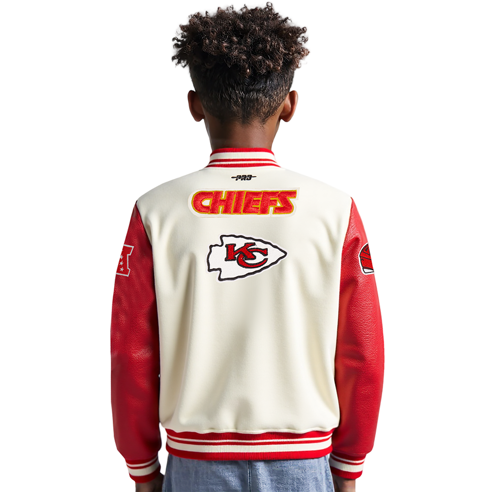 NFL KANSAS CITY CHIEFS RETRO CLASSIC BIG BOYS RIB WOOL VARSITY JACKET (EGGSHELL/ RED)
