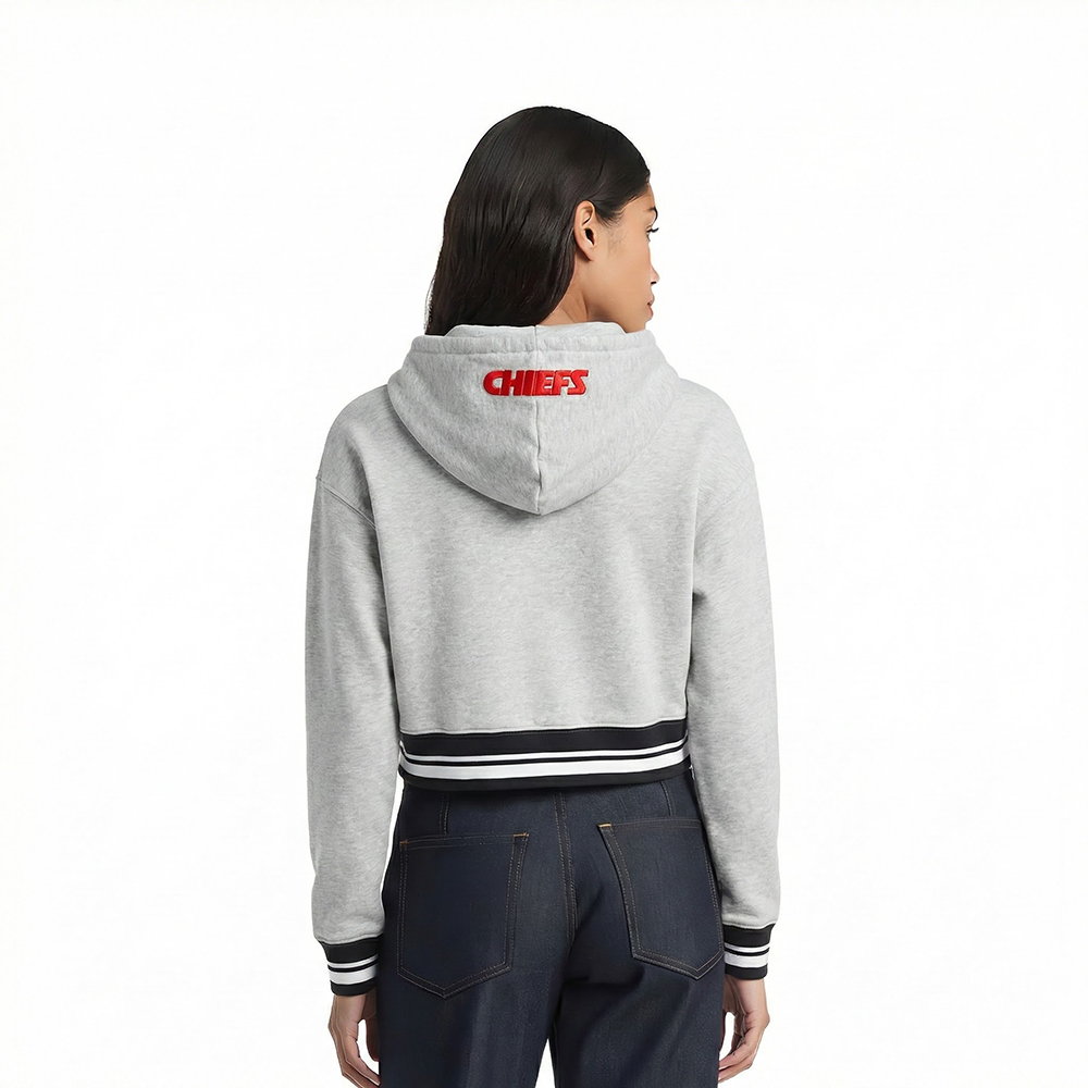 NFL KANSAS CITY CHIEFS SCRIPT TAIL WOMEN'S RIB FLEECE CROPPED PULLOVER HOODIE (HEATHER GRAY/BLACK)