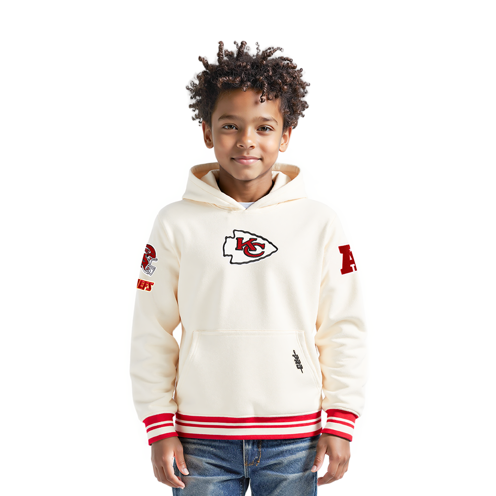 NFL KANSAS CITY CHIEFS RETRO CLASSIC LITTLE BOYS RIB FLEECE PULLOVER HOODIE (EGGSHELL/ RED)