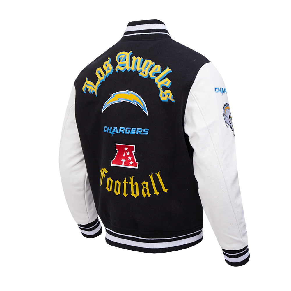 NFL LOS ANGELES CHARGERS OLD ENGLISH MEN'S RIB WOOL VARSITY JACKET (BLACK/WHITE)