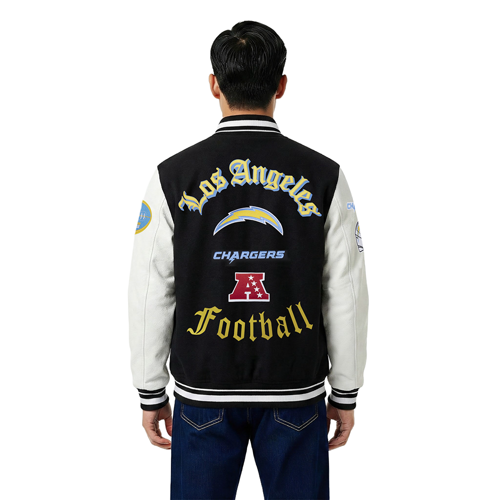 NFL LOS ANGELES CHARGERS OLD ENGLISH MEN'S RIB WOOL VARSITY JACKET (BLACK/WHITE)