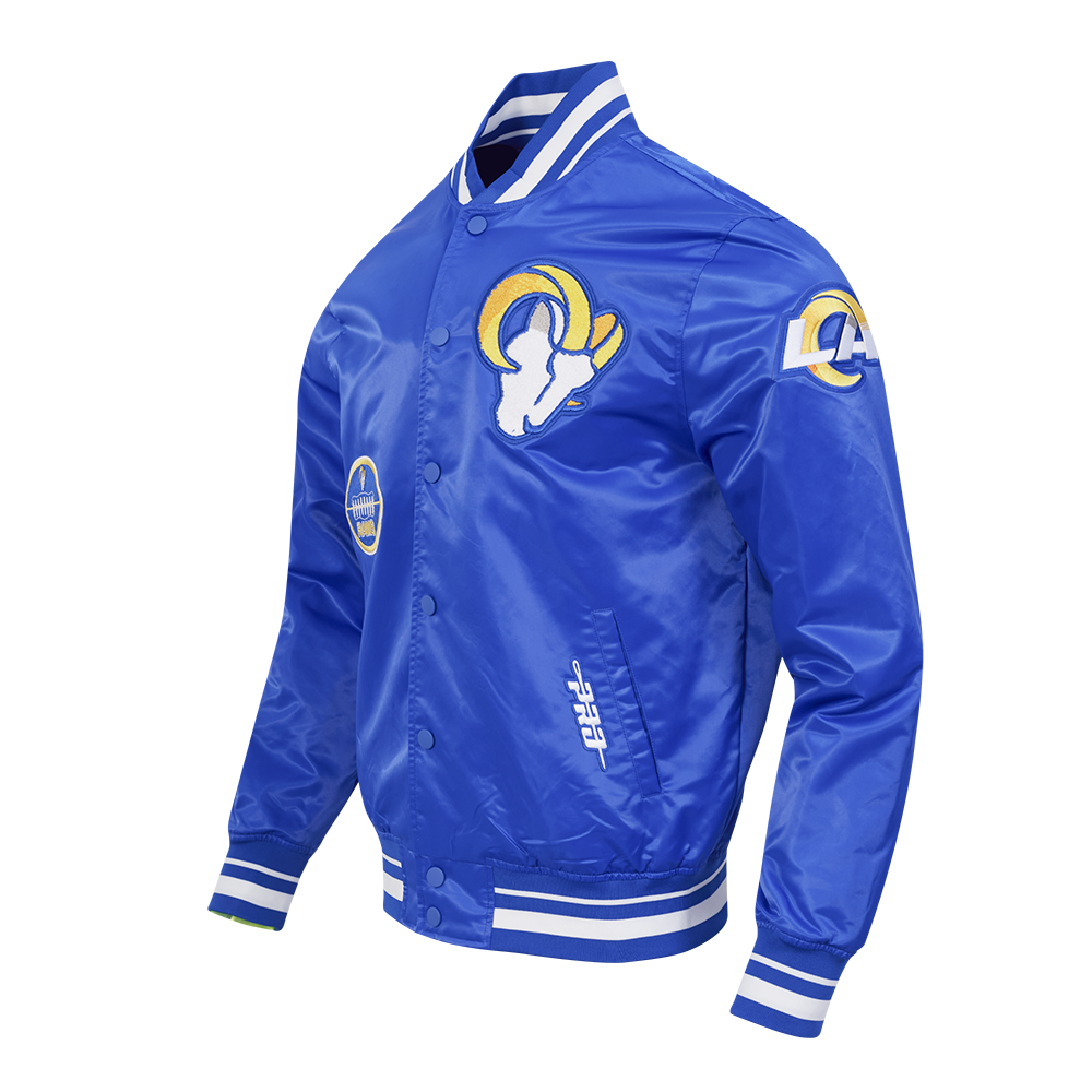 NFL LOS ANGELES RAMS OLD ENGLISH MEN'S RIB SATIN JACKET (ROYAL BLUE)