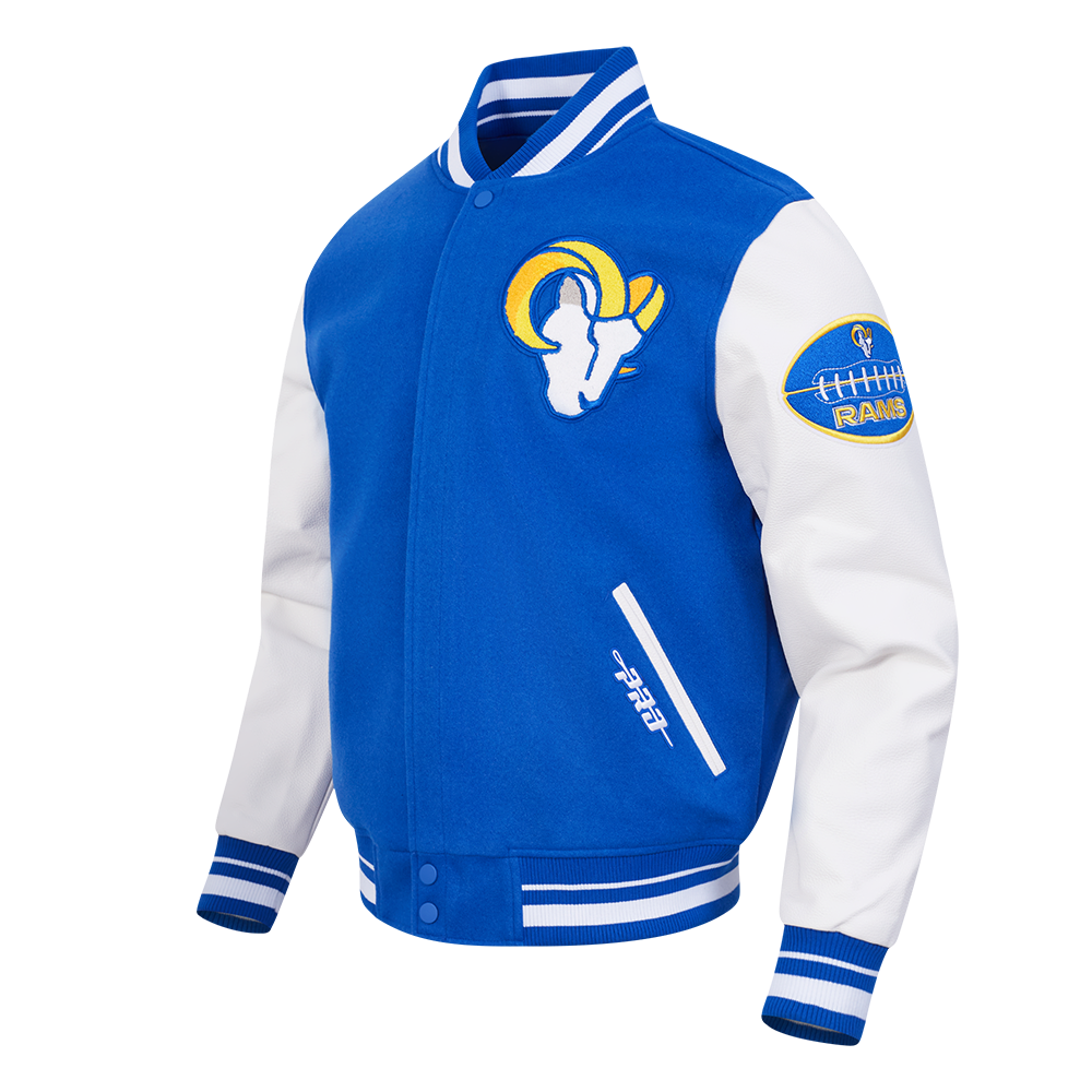 NFL LOS ANGELES RAMS OLD ENGLISH MEN'S RIB WOOL VARSITY JACKET (ROYAL BLUE/WHITE)