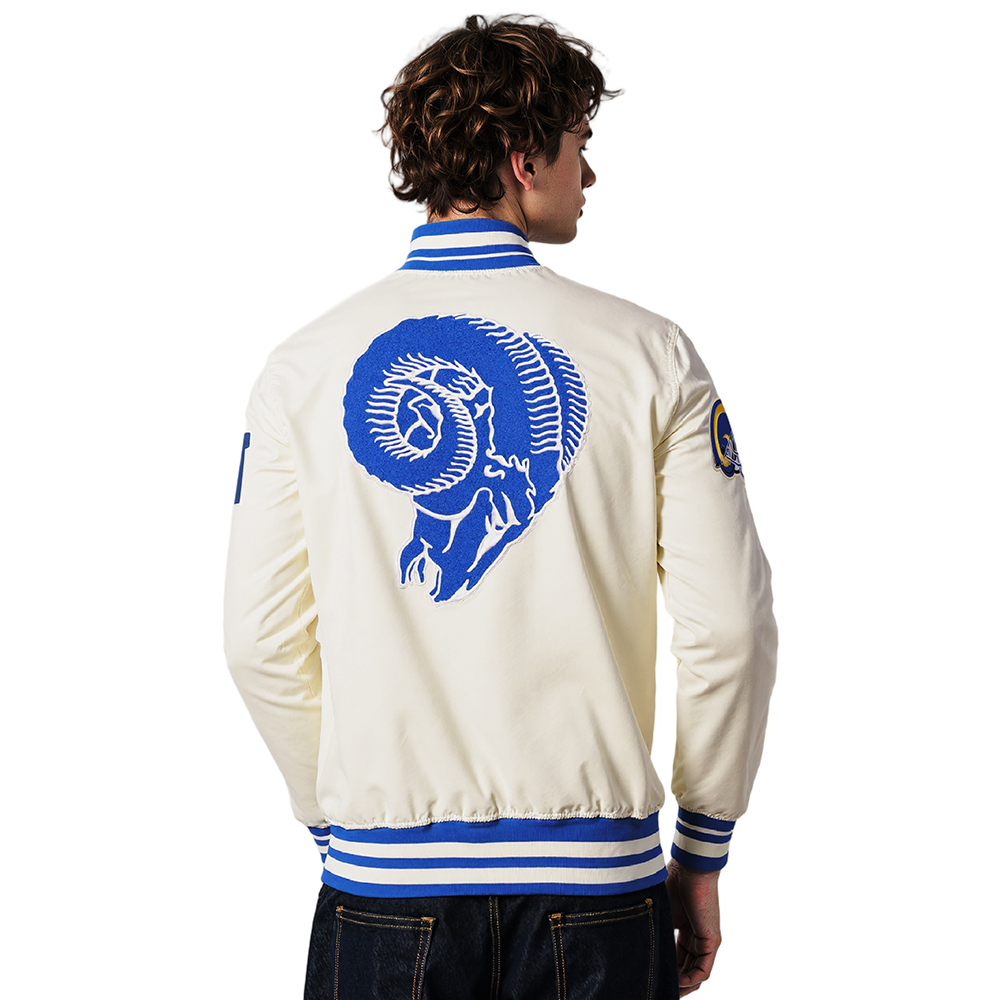 NFL LOS ANGELES RAMS RETRO CLASSIC MEN'S RIB SATIN JACKET (EGGSHELL/ ROYAL BLUE)