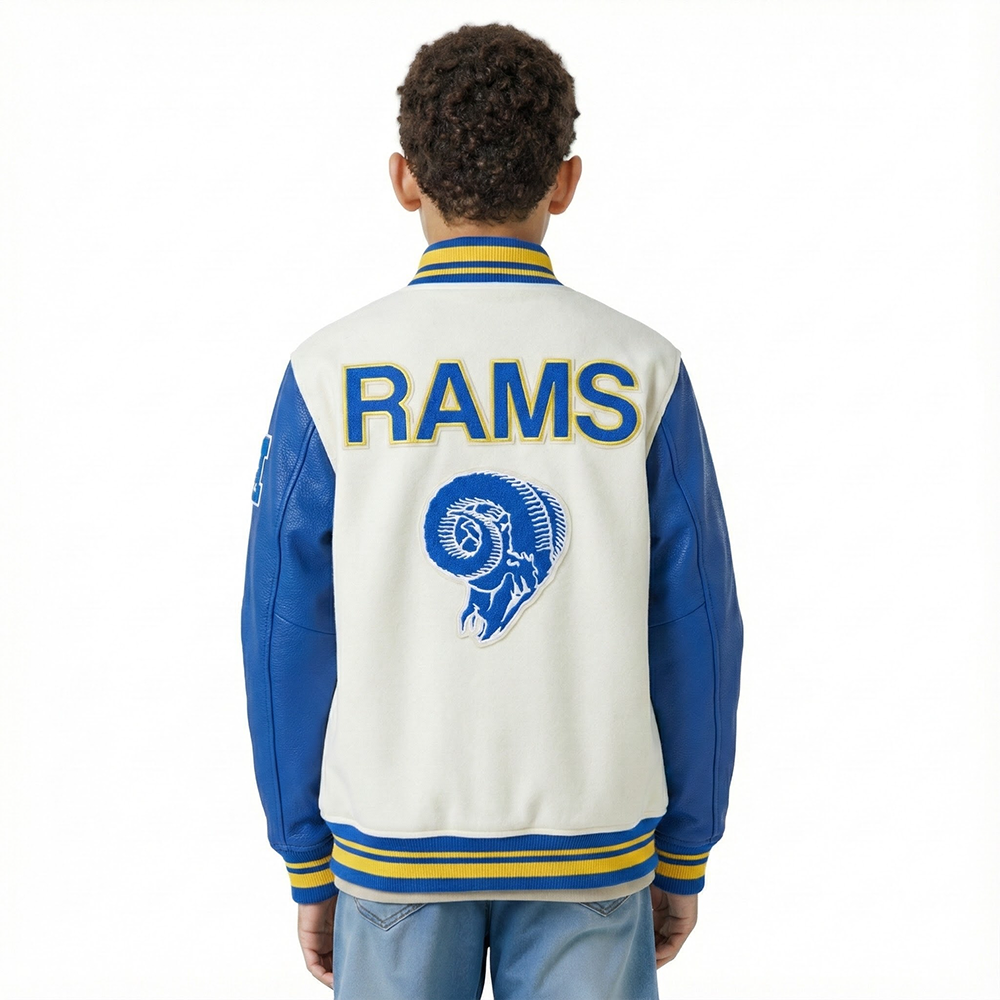 NFL LOS ANGELES RAMS RETRO CLASSICS BIG BOY'S RIB WOOL VARSITY JACKET (EGGSHELL/ROYAL BLUE)