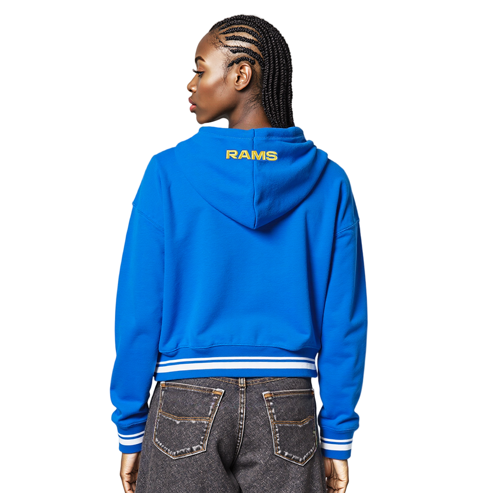 NFL LOS ANGELES RAMS SCRIPT TAIL WOMEN'S RIB FLC CROPPED PO HOODIE (ROYAL BLUE)