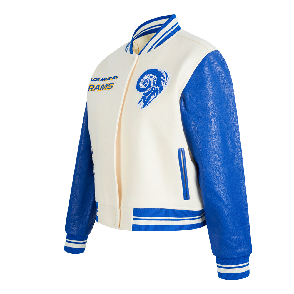 NFL LOS ANGELES RAMS RETRO CLASSIC WOMEN'S RIB WOOL VARSITY JACKET (EGGSHELL/ ROYAL BLUE)