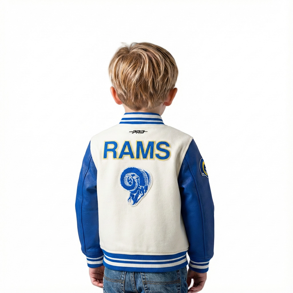 NFL LOS ANGELES RAMS RETRO CLASSICS TODDLER BOY'S RIB WOOL VARSITY JACKET (EGGSHELL/ROYAL BLUE)