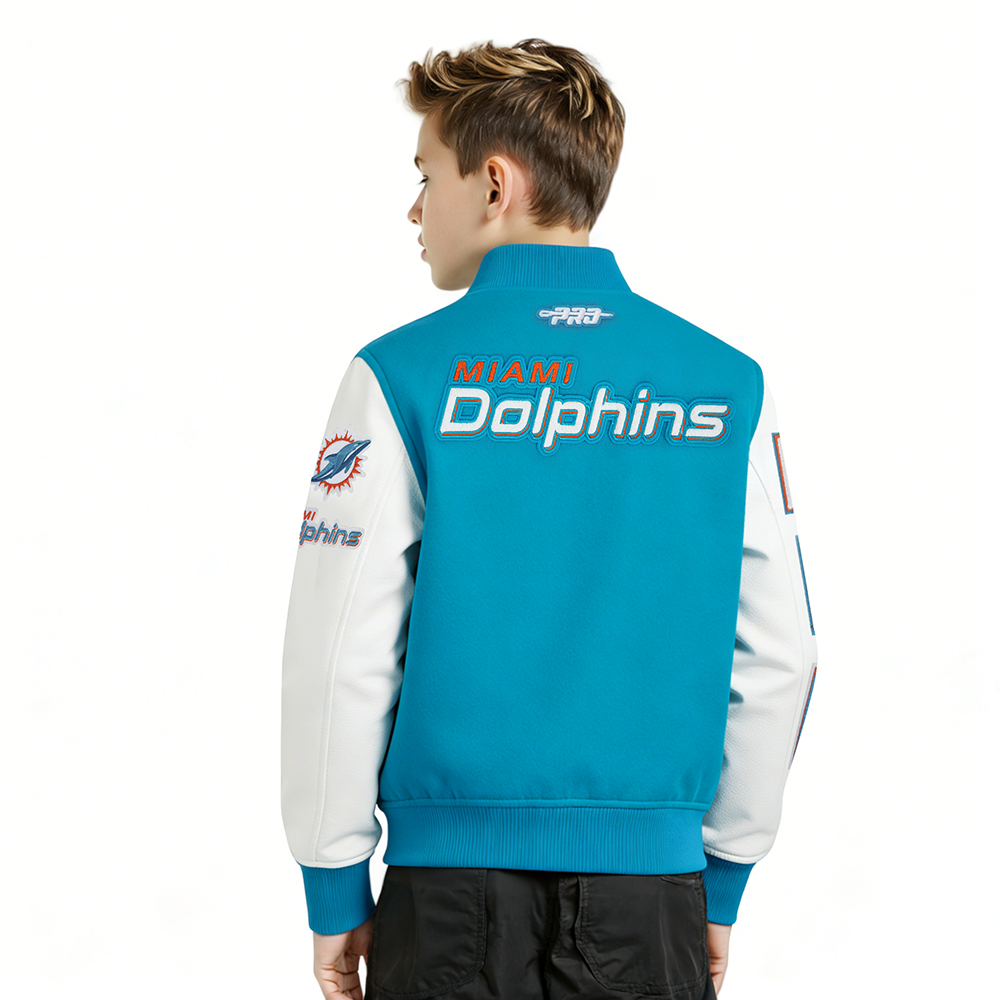 NFL MIAMI DOLPHINS CLASSIC CHENILLE BIG BOY'S WOOL VARSITY JACKET (TEAL/WHITE)