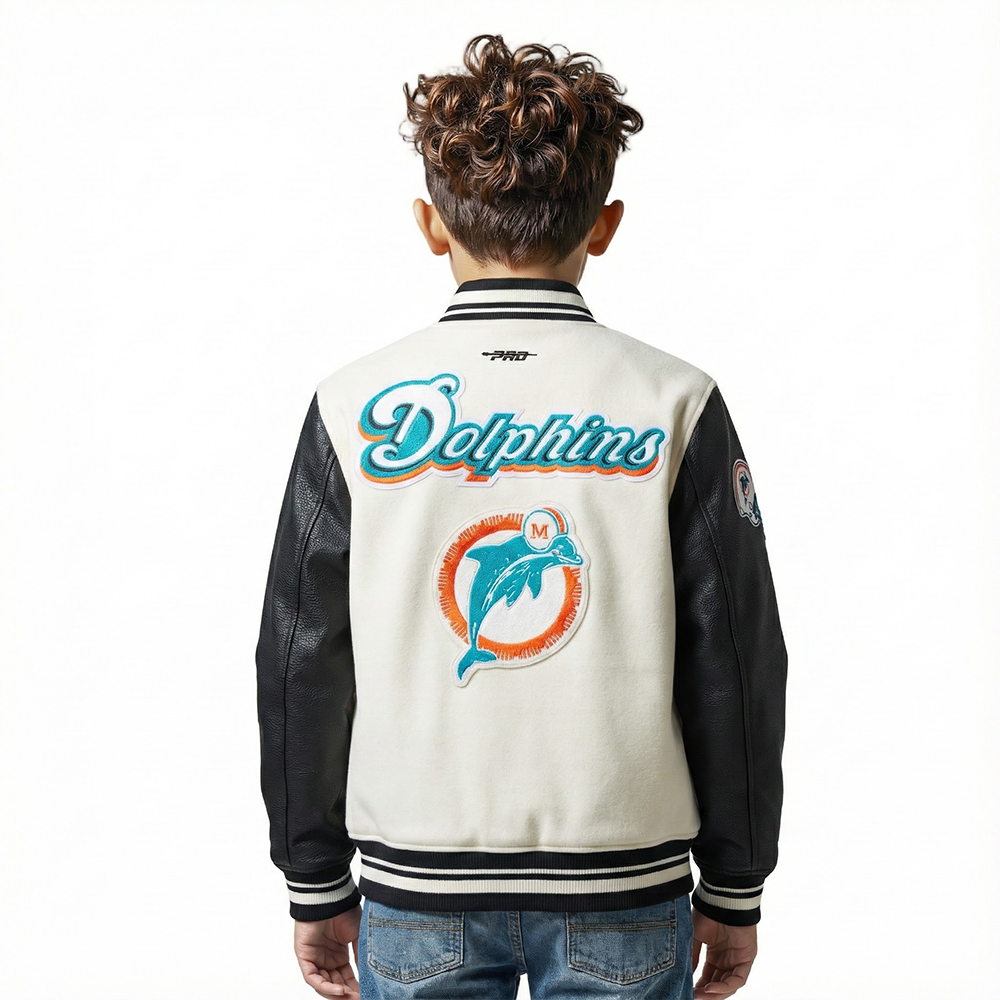 NFL MIAMI DOLPHINS RETRO CLASSICS BIG BOY'S RIB WOOL VARSITY JACKET (EGGSHELL/ BLACK)