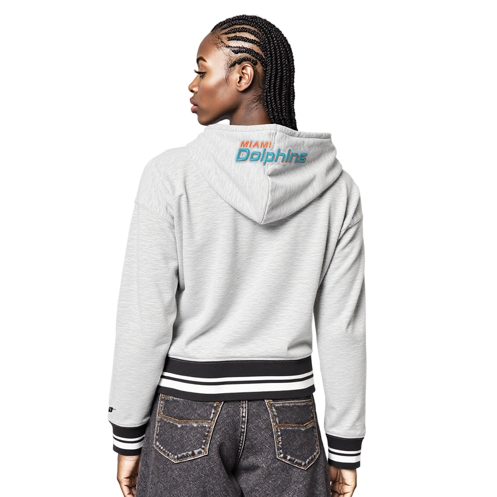NFL MIAMI DOLPHINS SCRIPT TAIL WOMEN'S RIB FLC CROPPED PO HOODIE (HEATHER GRAY/BLACK)