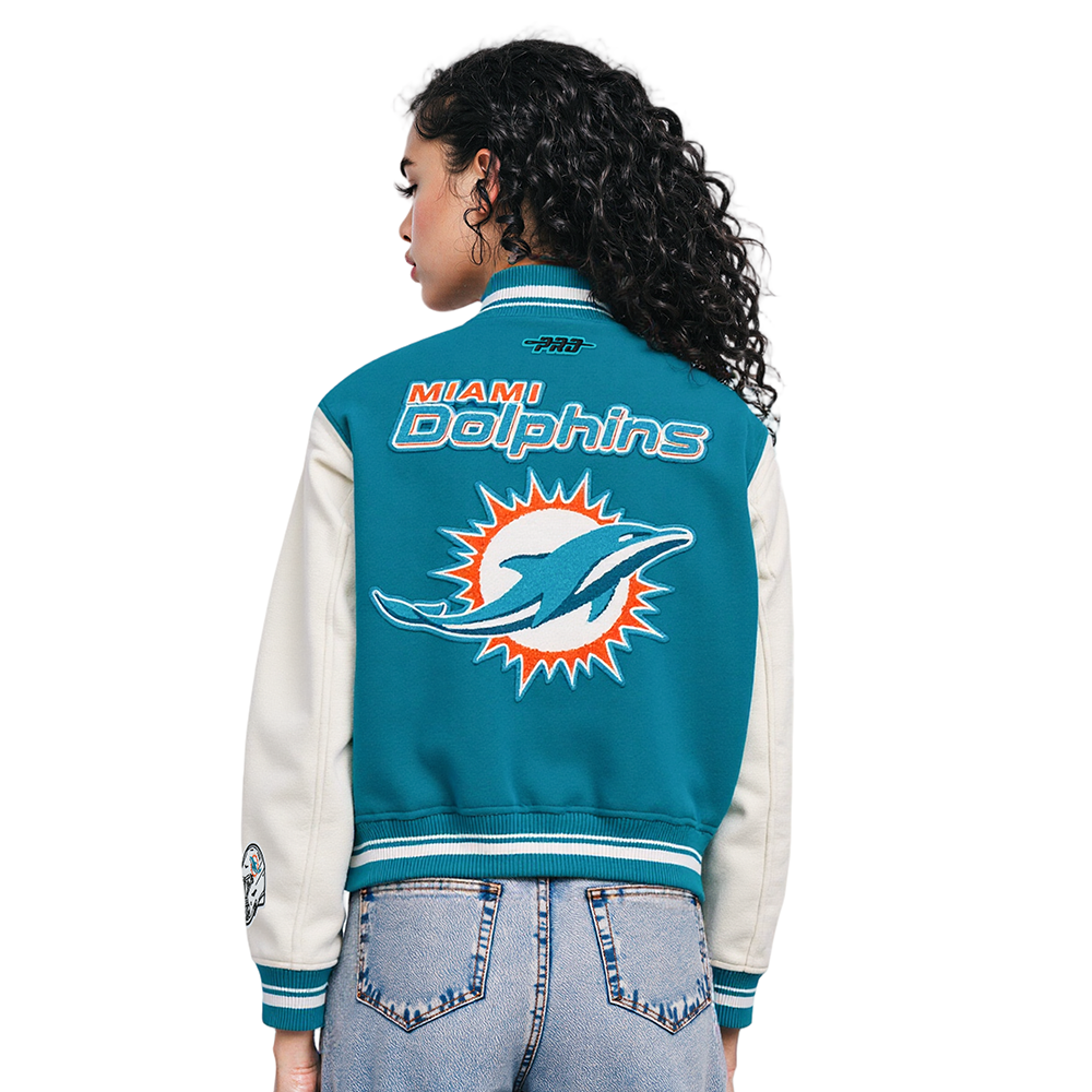 NFL MIAMI DOLPHINS MASHUP WOMEN'S RIB WOOL VARSITY JACKET (TEAL/WHITE)