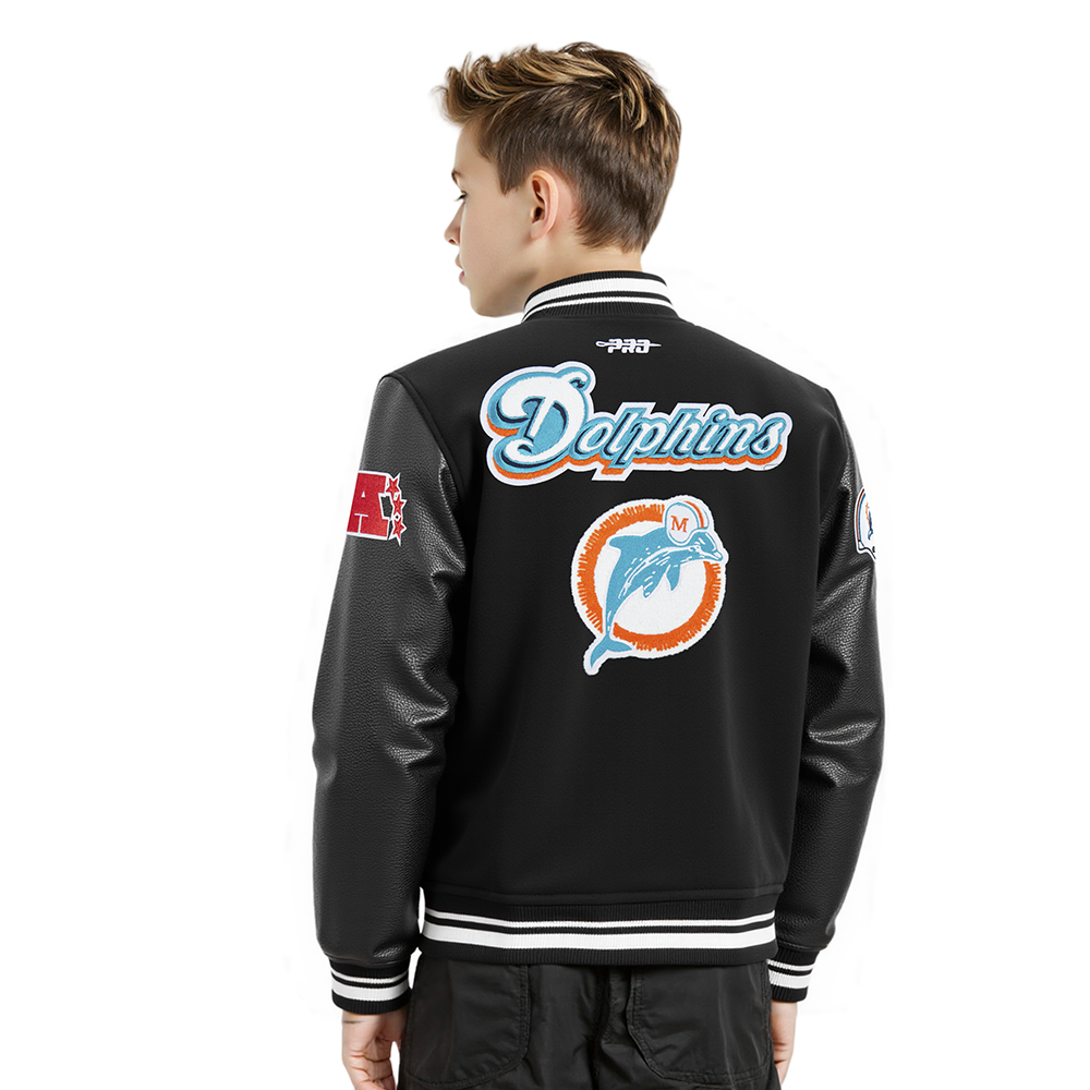 NFL MIAMI DOLPHINS RETRO CLASSIC LITTLE BOYS RIB WOOL VARSITY JACKET (BLACK)