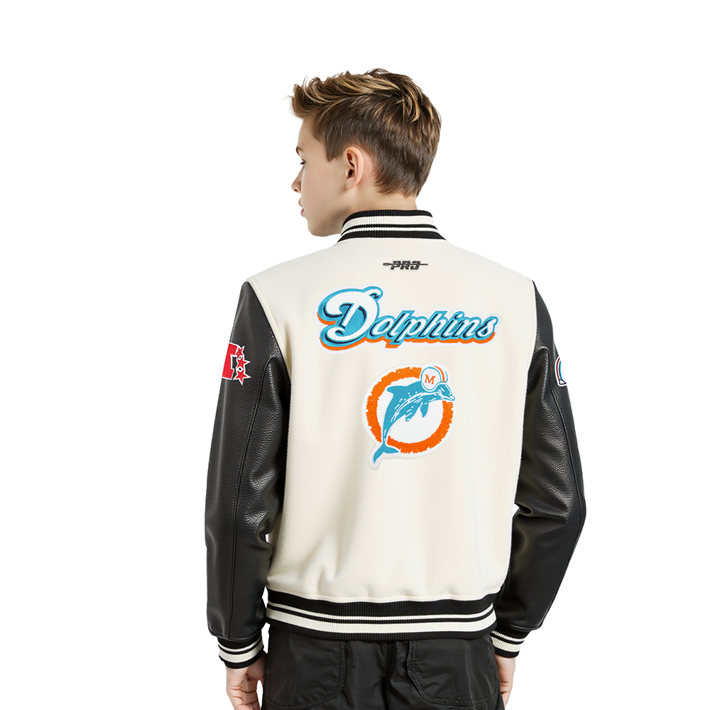 NFL MIAMI DOLPHINS RETRO CLASSIC LITTLE BOY'S RIB WOOL VARSITY JACKET (EGGSHELL/ BLACK)