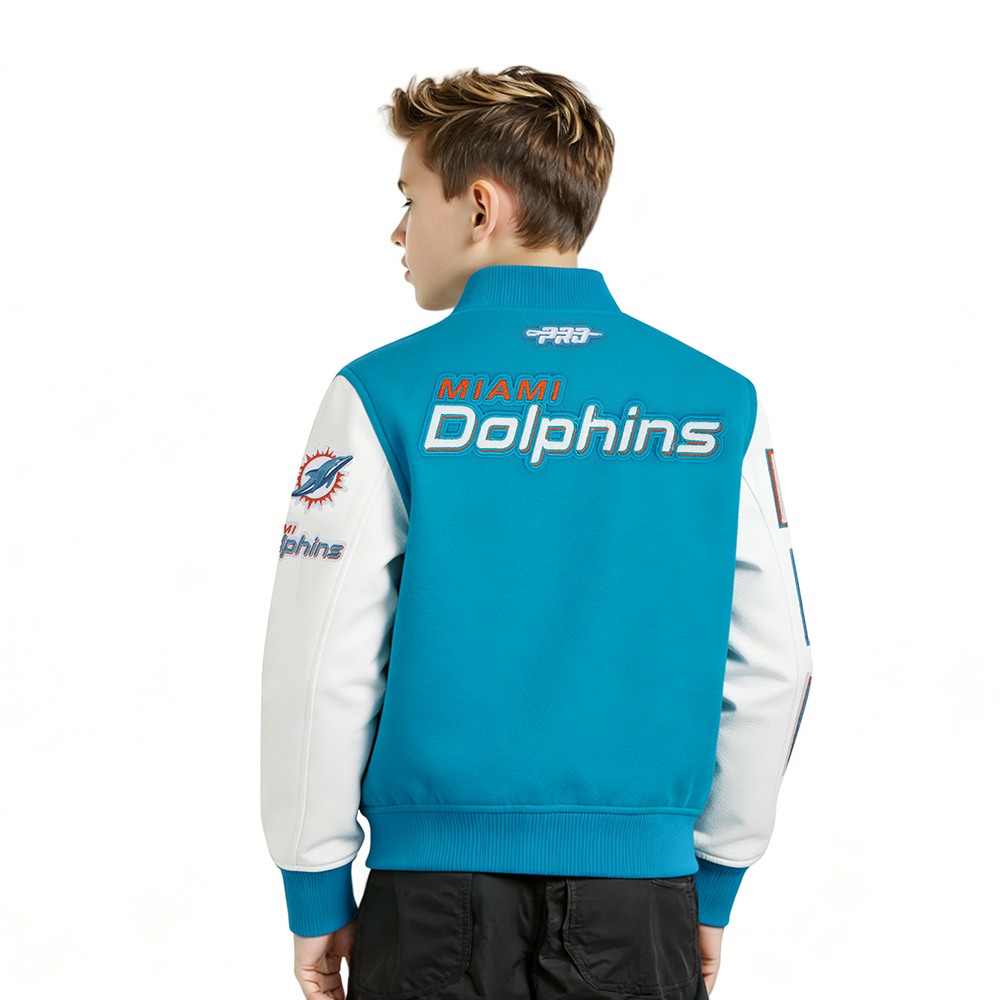 NFL MIAMI DOLPHINS CLASSIC CHENILLE LITTLE BOY'S WOOL VARSITY JACKET (TEAL/WHITE)