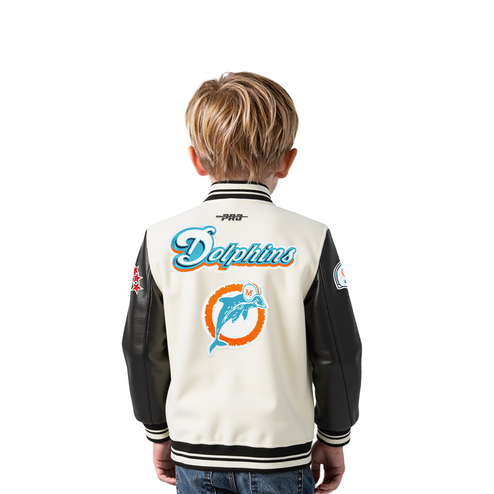 NFL MIAMI DOLPHINS RETRO CLASSIC TODDLER BOY'S RIB WOOL VARSITY JACKET (EGGSHELL/ BLACK)