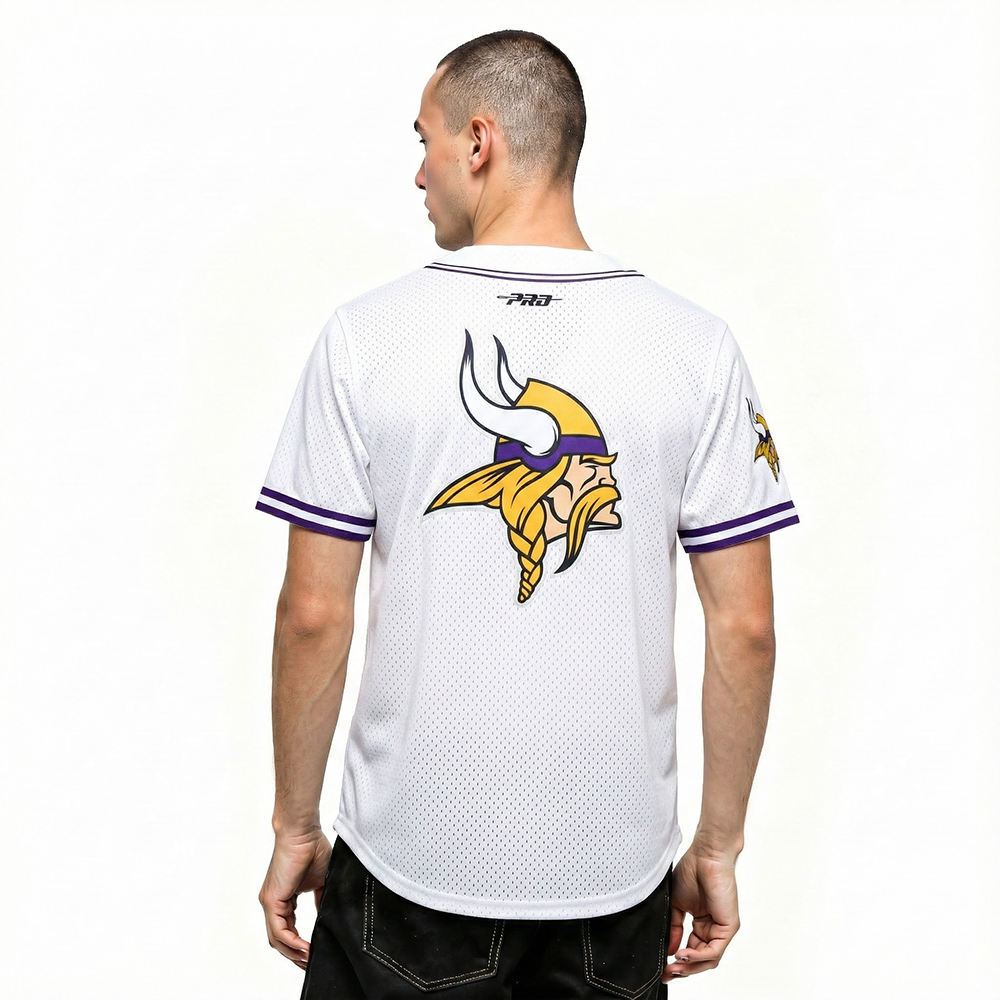 NFL MINNESOTA VIKINGS JUSTIN JEFFERSON #18 CLASSIC MESH PNN MEN'S MESH BUTTON DOWN SHIRT (WHITE/PURPLE)