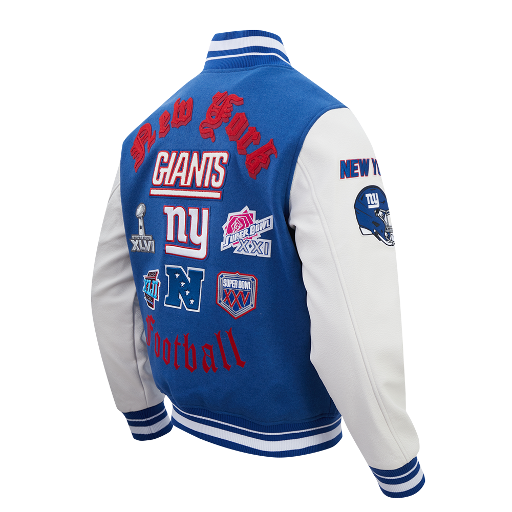 NFL NEW YORK GIANTS OLD ENGLISH MEN'S RIB WOOL VARSITY JACKET (DODGER BLUE/WHITE)