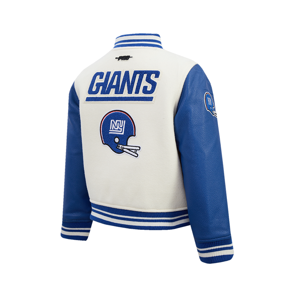 NFL NEW YORK GIANTS RETRO CLASSIC BIG BOY'S RIB WOOL VARSITY JACKET (EGGSHELL/DODGER BLUE)