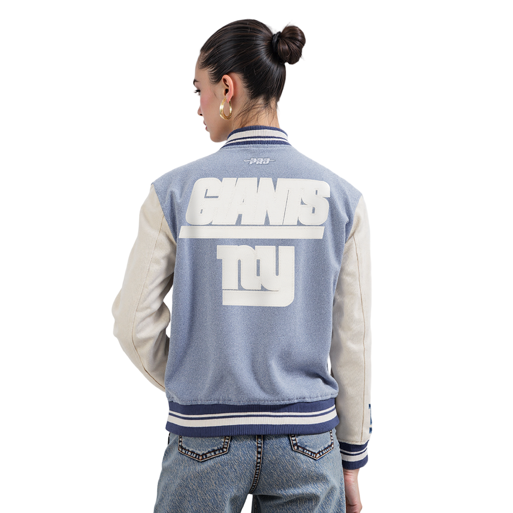 NFL NEW YORK GIANTS VARSITY BLUES WOMEN'S DENIM VARSITY JACKET (DENIM/LINEN)