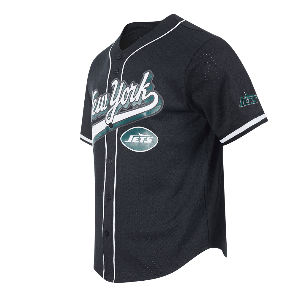 NFL NEW YORK JETS SCRIPT TAIL MEN'S MESH BUTTON DOWN SHIRT (BLACK)