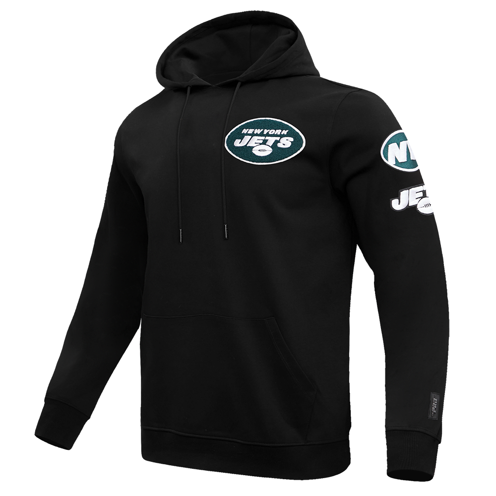NFL NEW YORK JETS CLASSIC CHENILLE MEN'S DOUBLE KNIT PULLOVER HOODIE (BLACK)