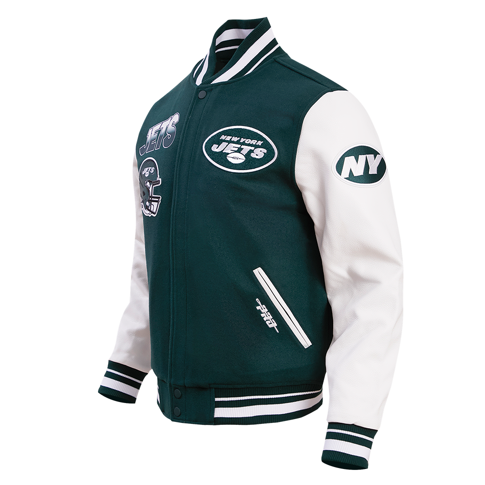 NFL NEW YORK JETS TURN IT UP MEN'S RIB WOOL VARSITY JACKET (FOREST GREEN/WHITE)