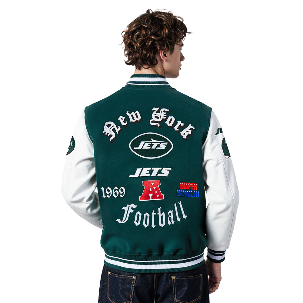 NFL NEW YORK JETS OLD ENGLISH MEN'S RIB WOOL VARSITY JACKET (FOREST GREEN/WHITE)