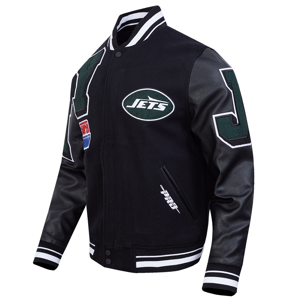 NFL NEW YORK JETS MASH UP MEN'S RIB WOOL VARSITY JACKET (BLACK)