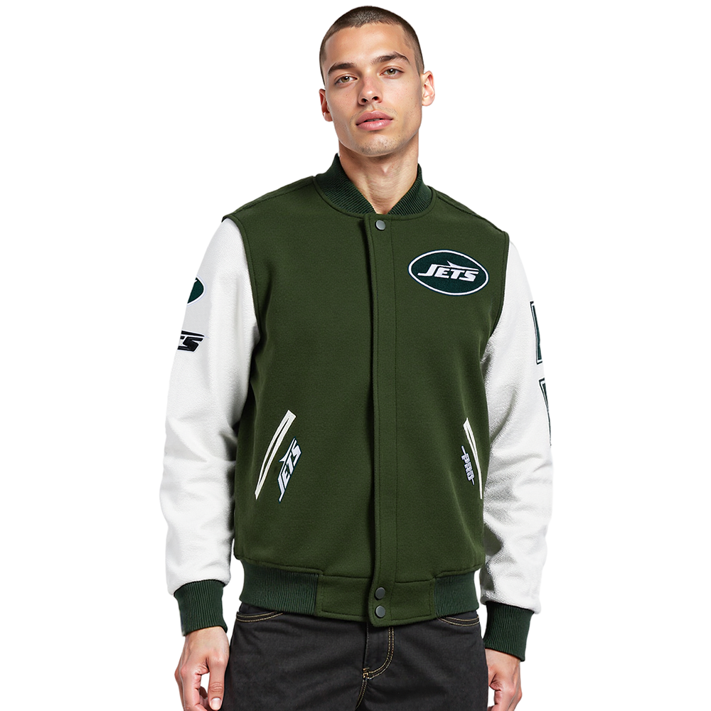 NFL NEW YORK JETS CLASSIC WOOL MEN'S VARSITY JACKET (FOREST GREEN/WHITE)