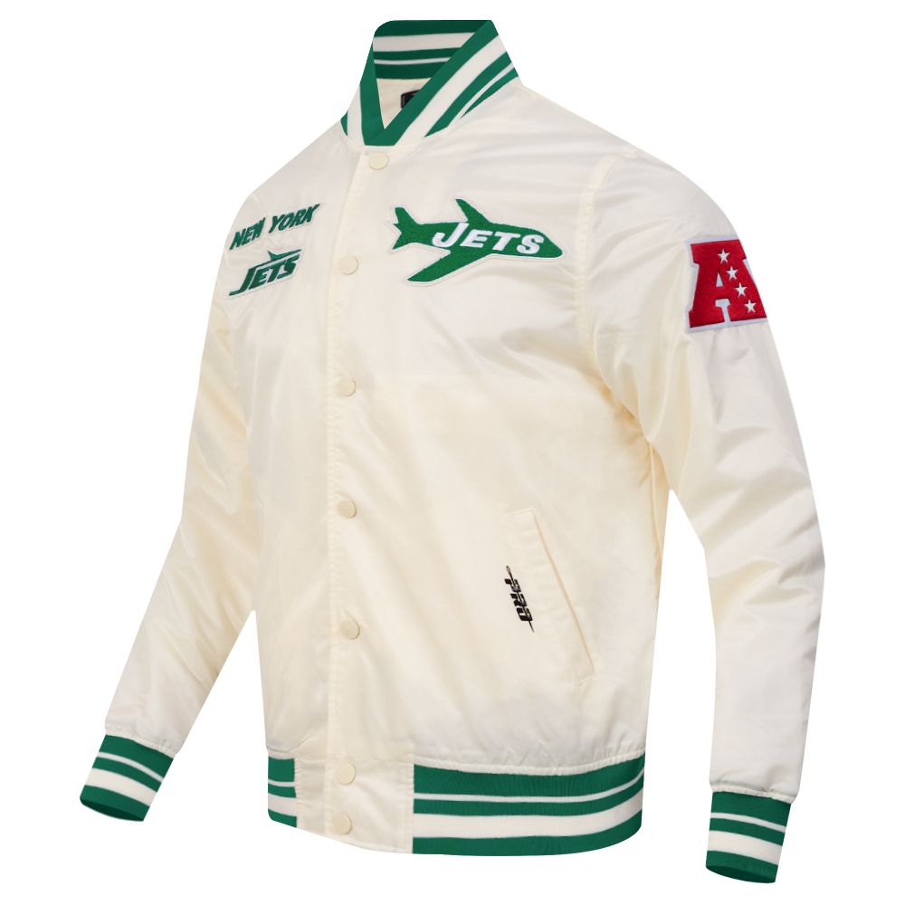 NFL NEW YORK JETS RETRO CLASSIC MEN'S RIB SATIN JACKET (EGGSHELL/ KELLY GREEN)