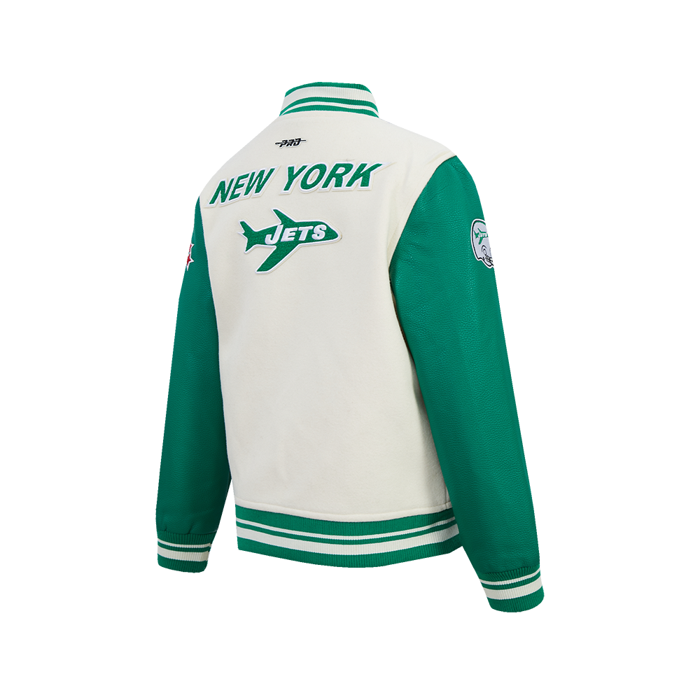 NFL NEW YORK JETS RETRO CLASSIC BIG BOY'S RIB WOOL VARSITY JACKET (EGGSHELL/ KELLY GREEN)