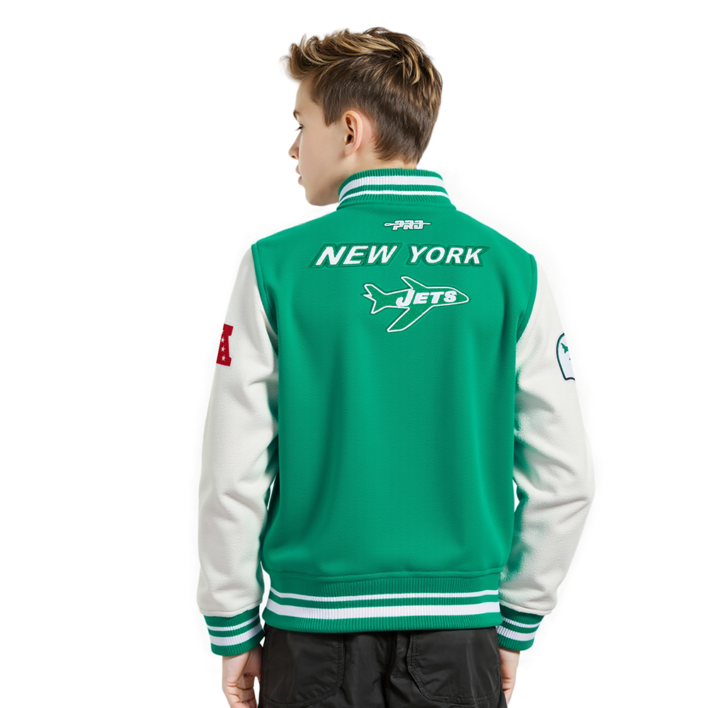 NFL NEW YORK JETS RETRO CLASSIC BIG BOYS RIB WOOL VARSITY JACKET (KELLY GREEN/ WHITE)