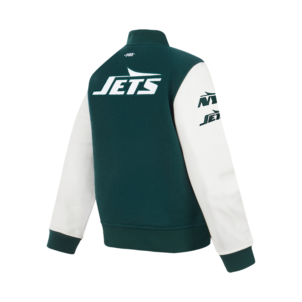 NFL NEW YORK JETS CLASSIC CHENILLE BIG BOY'S WOOL VARSITY JACKET (FOREST GREEN/WHITE)
