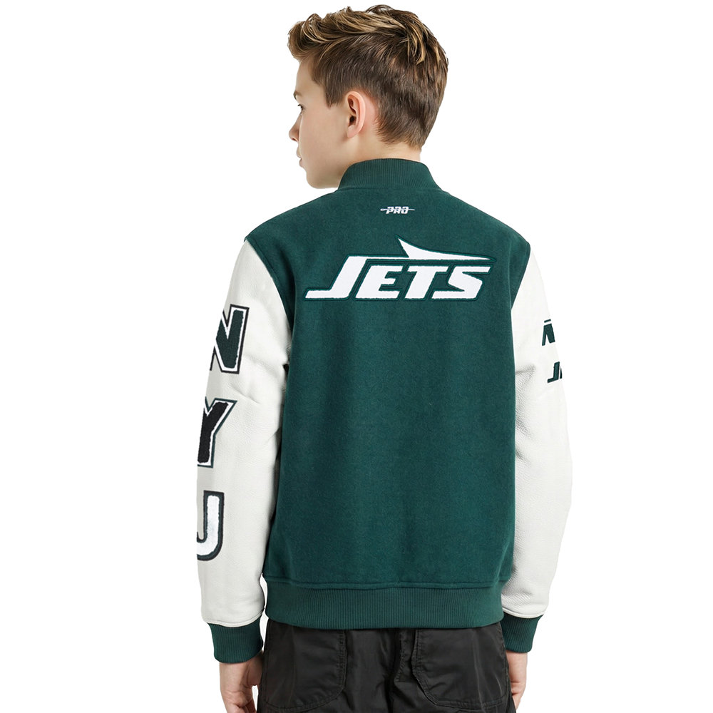 NFL NEW YORK JETS CLASSIC CHENILLE BIG BOY'S WOOL VARSITY JACKET (FOREST GREEN/WHITE)