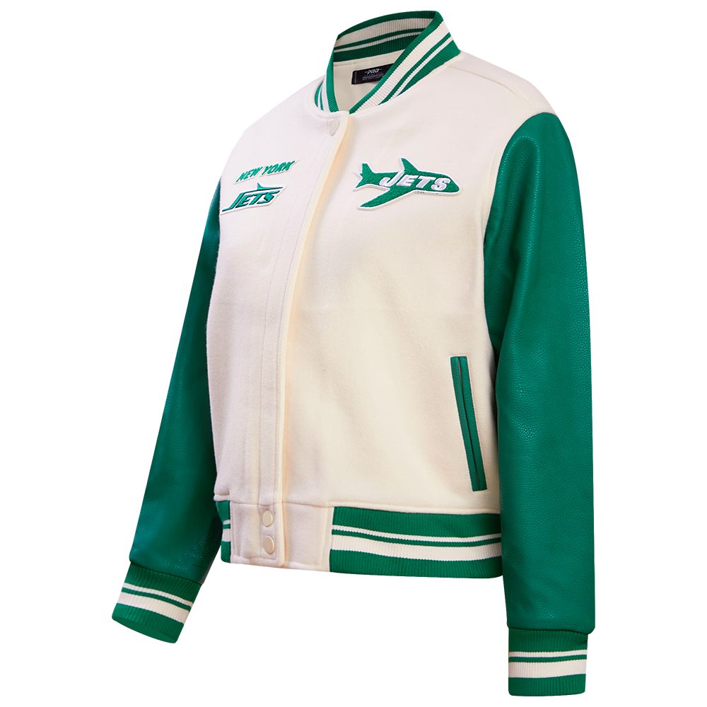 NFL NEW YORK JETS RETRO CLASSIC WOMEN'S RIB WOOL VARSITY JACKET (EGGSHELL/ KELLY GREEN)