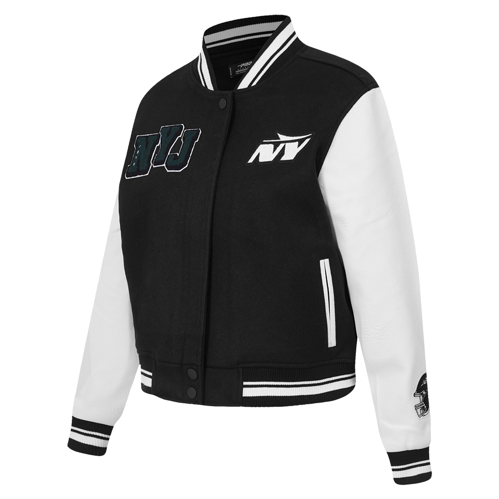 NFL NEW YORK JETS MASHUP WOMEN'S RIB WOOL VARSITY JACKET (BLACK/WHITE)