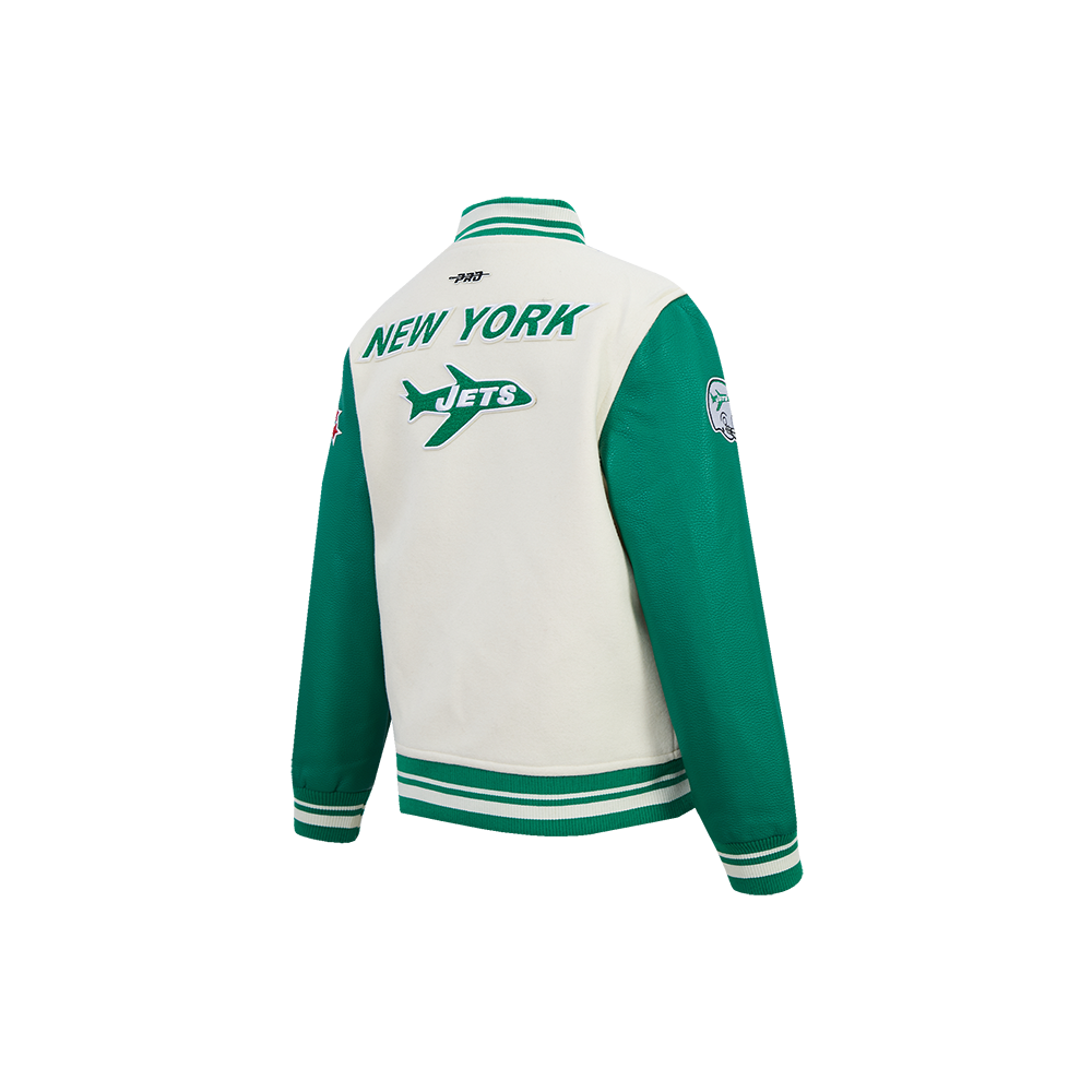 NFL NEW YORK JETS RETRO CLASSIC LITTLE BOY'S RIB WOOL VARSITY JACKET (EGGSHELL/ KELLY GREEN)
