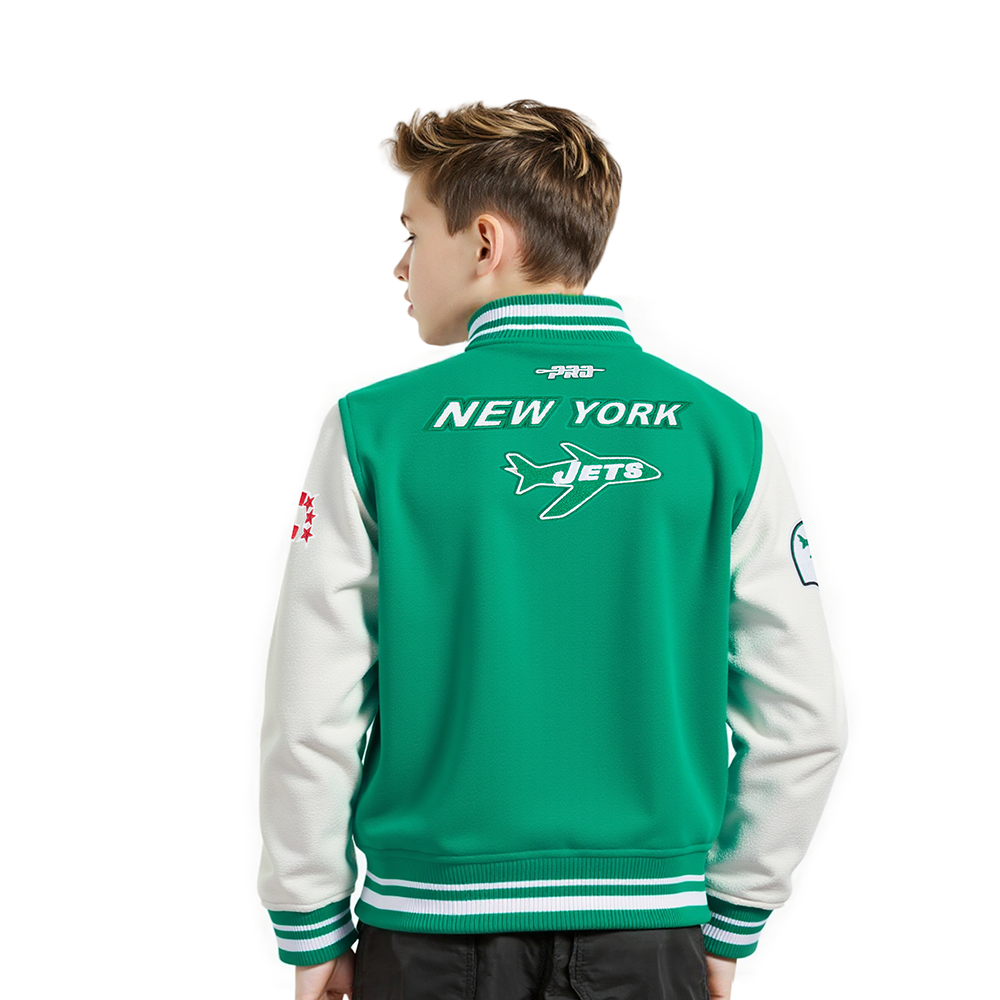NFL NEW YORK JETS RETRO CLASSIC LITTLE BOYS RIB WOOL VARSITY JACKET (KELLY GREEN/ WHITE)