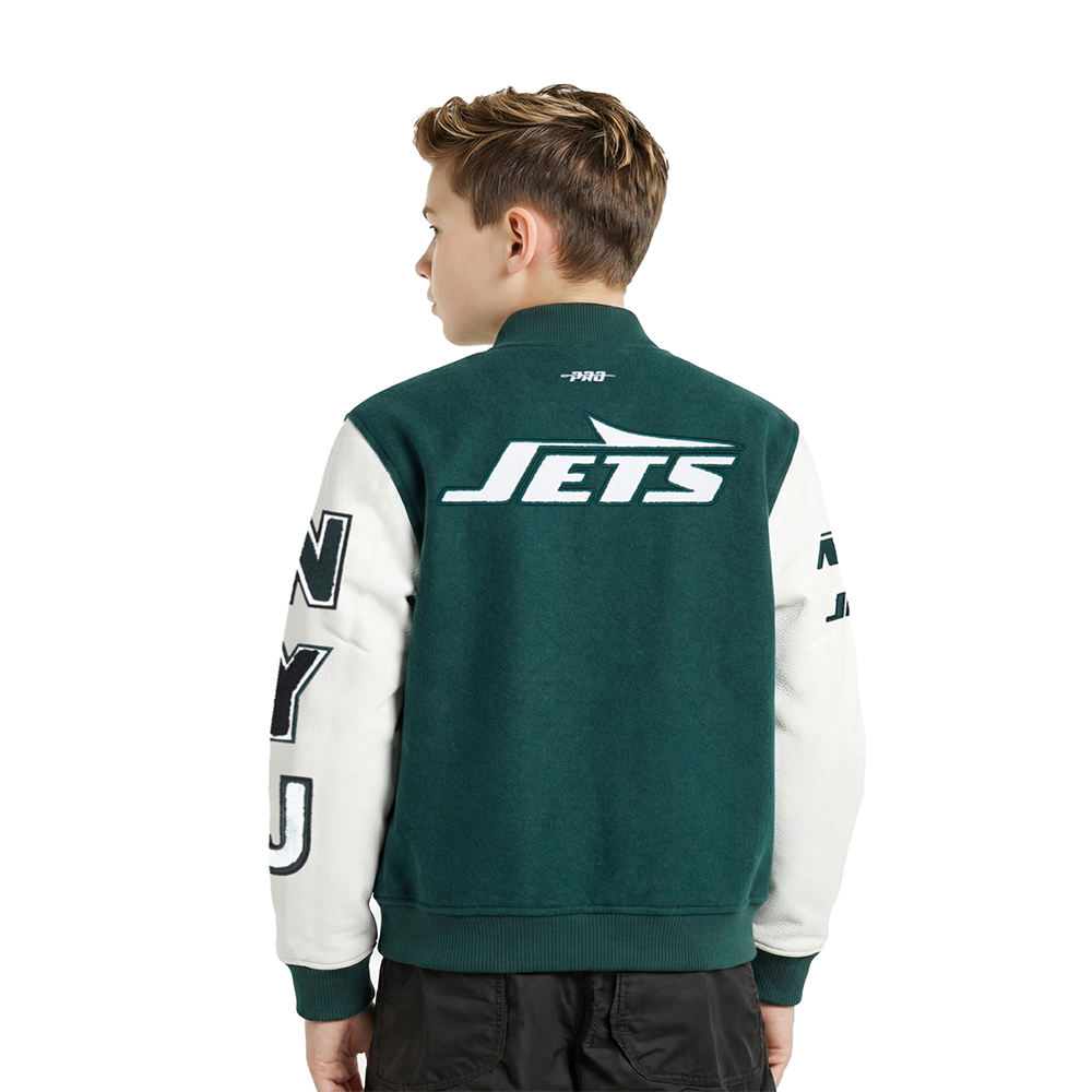 NFL NEW YORK JETS CLASSIC CHENILLE LITTLE BOY'S WOOL VARSITY JACKET (FOREST GREEN/WHITE)