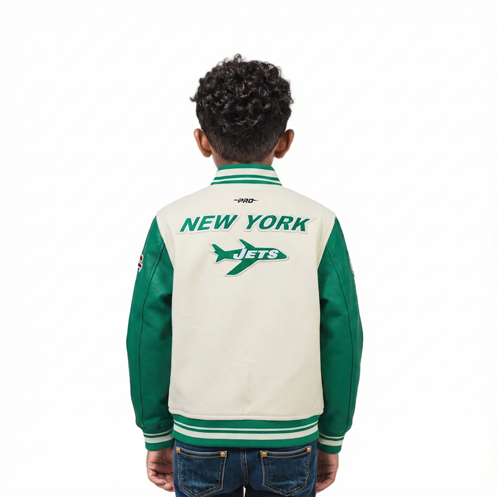 NFL NEW YORK JETS RETRO CLASSIC TODDLER BOY'S RIB WOOL VARSITY JACKET (EGGSHELL/ KELLY GREEN)