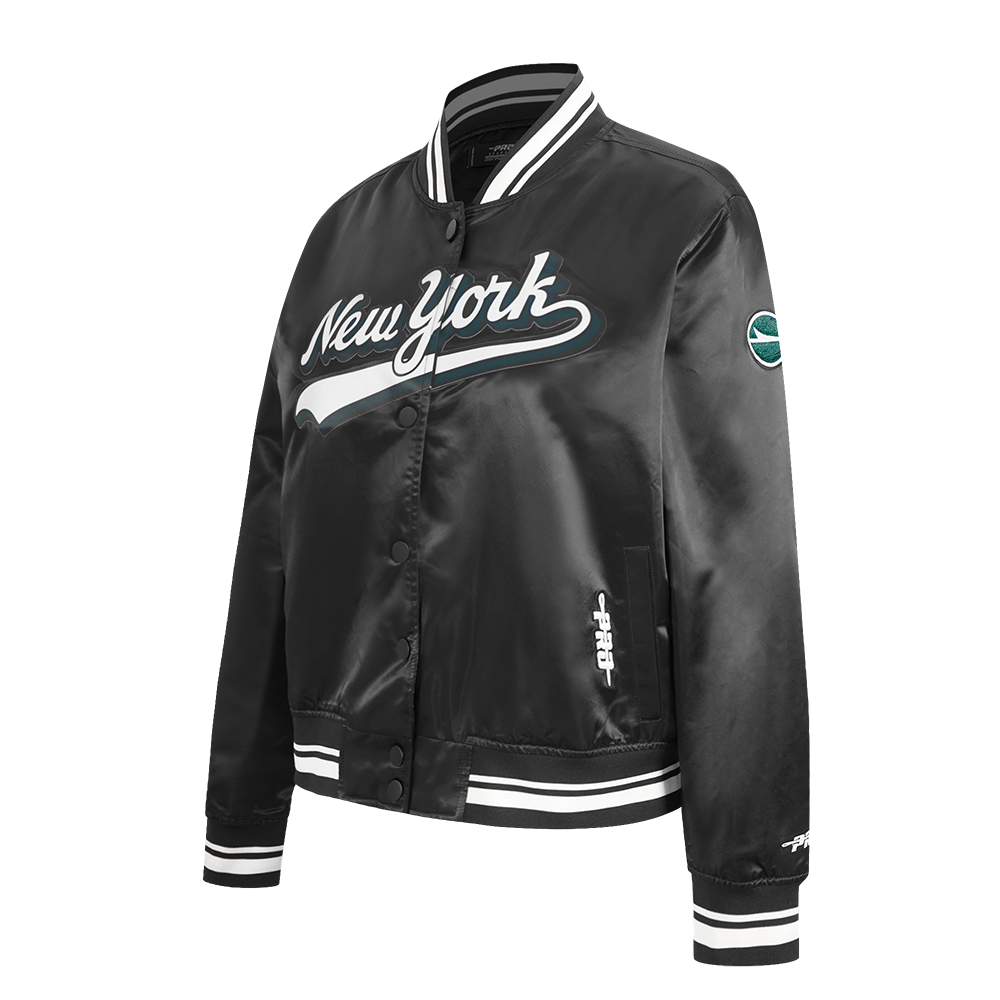 NFL NEW YORK JETS SCRIPT TAIL WOMEN'S SATIN JACKET (BLACK)
