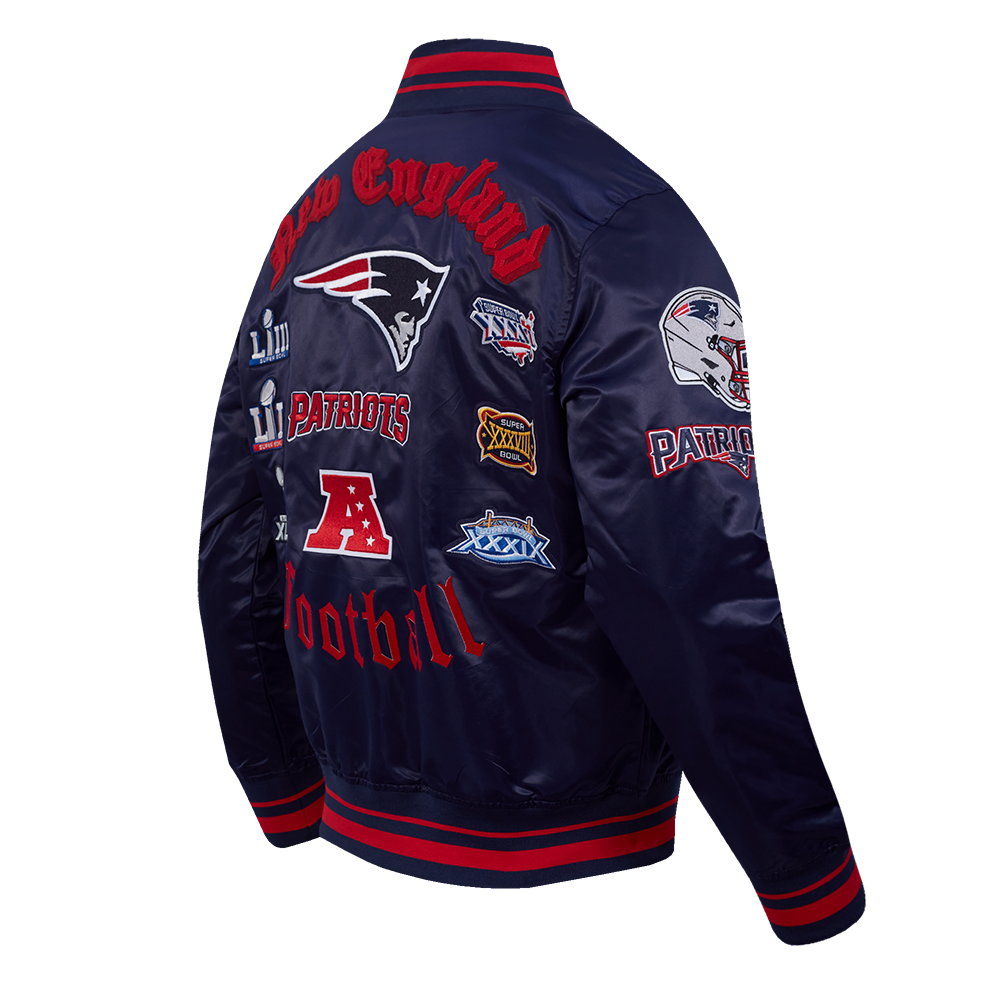 NFL NEW ENGLAND PATRIOTS OLD ENGLISH MEN'S RIB SATIN JACKET (MIDNIGHT NAVY/RED/MIDNIGHT NAVY)