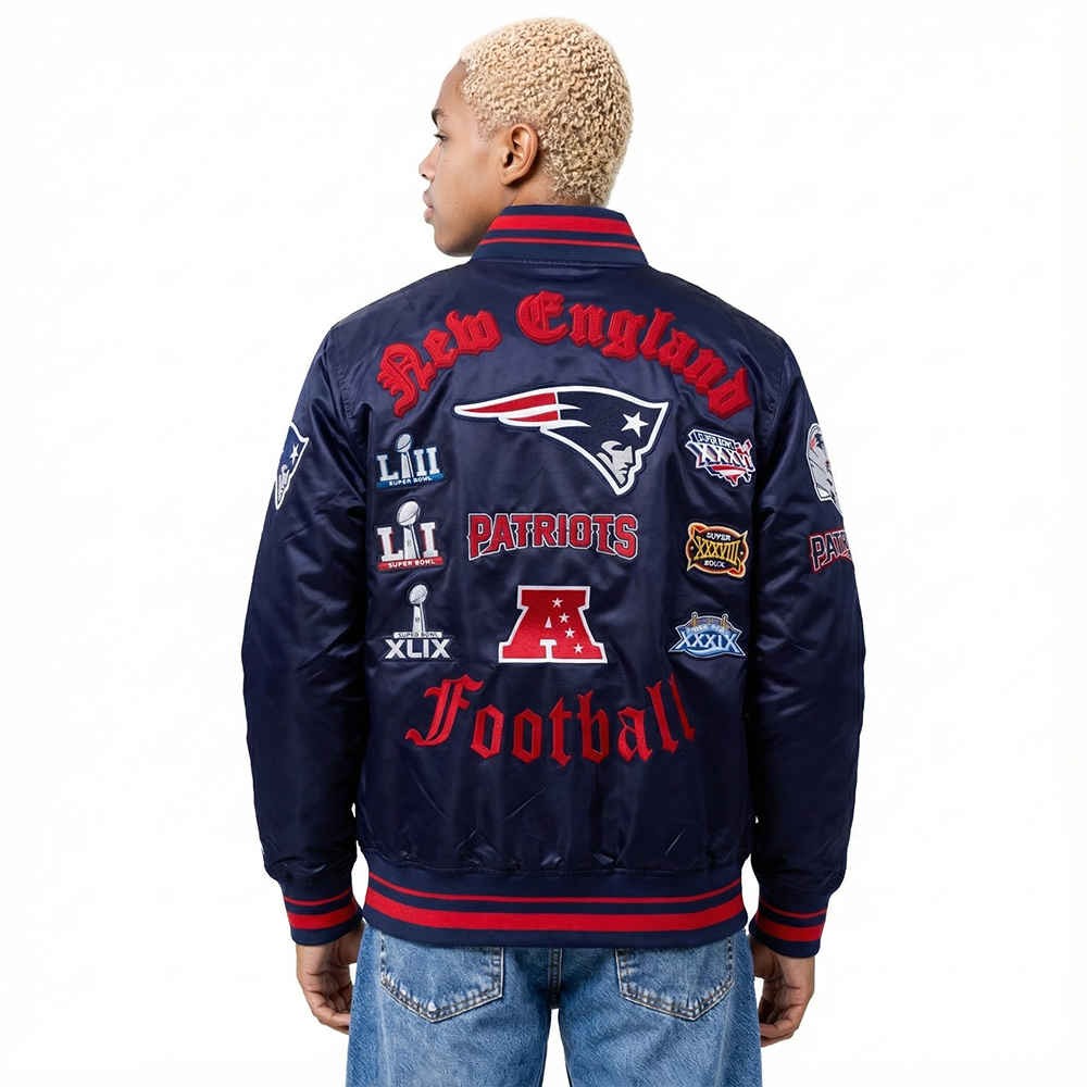 NFL NEW ENGLAND PATRIOTS OLD ENGLISH MEN'S RIB SATIN JACKET (MIDNIGHT NAVY/RED/MIDNIGHT NAVY)